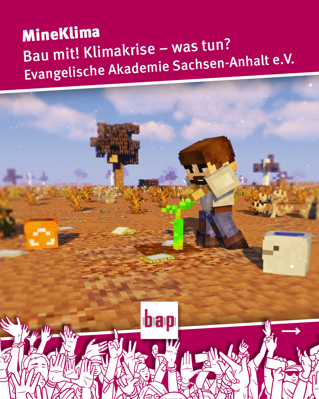 bap Preis für Politische Bildung für MineKlima mit der Minecraft-Abbildung einer Figur, die etwas in der Wüste pflanzt