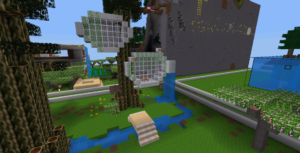 In Minetest wurden weiße "Hauskapseln", die an Bäumen angebracht wurden, gebaut