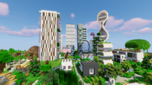 Moderne Stadt mit Hochhäsuern und vielen Pflanzen in Minecraft gebaut