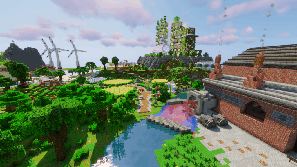Landschaft in Minecraft mit Feldern und Windrädern