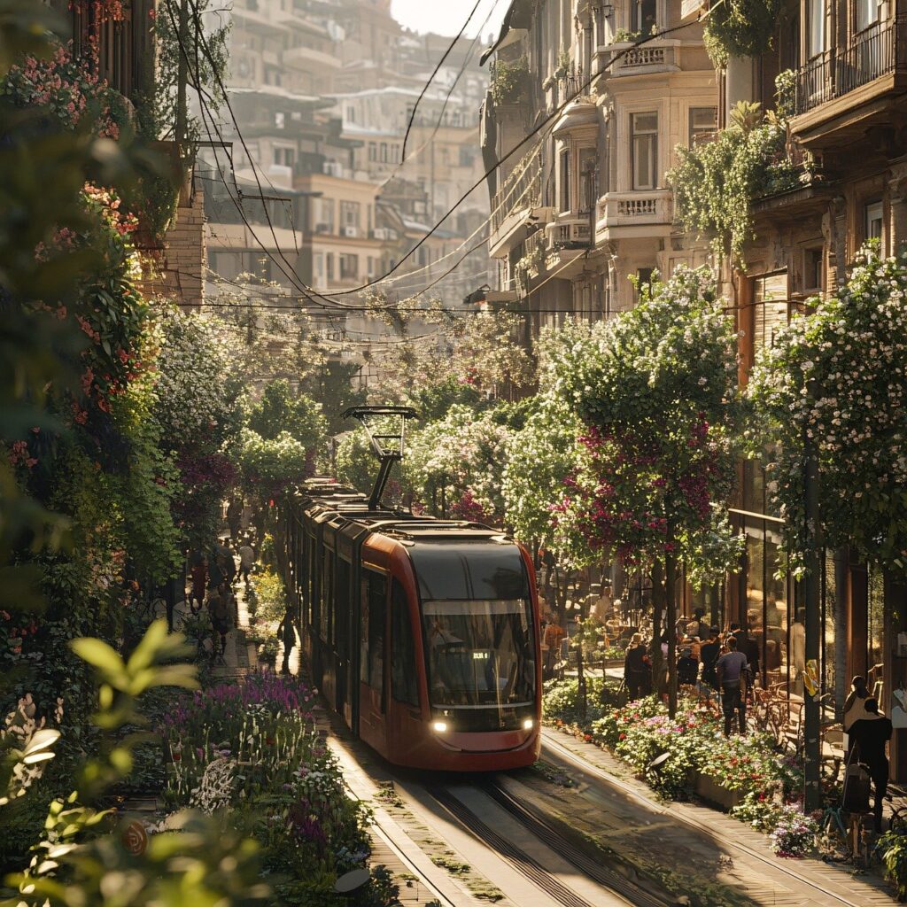 Tram in grüner Stadt