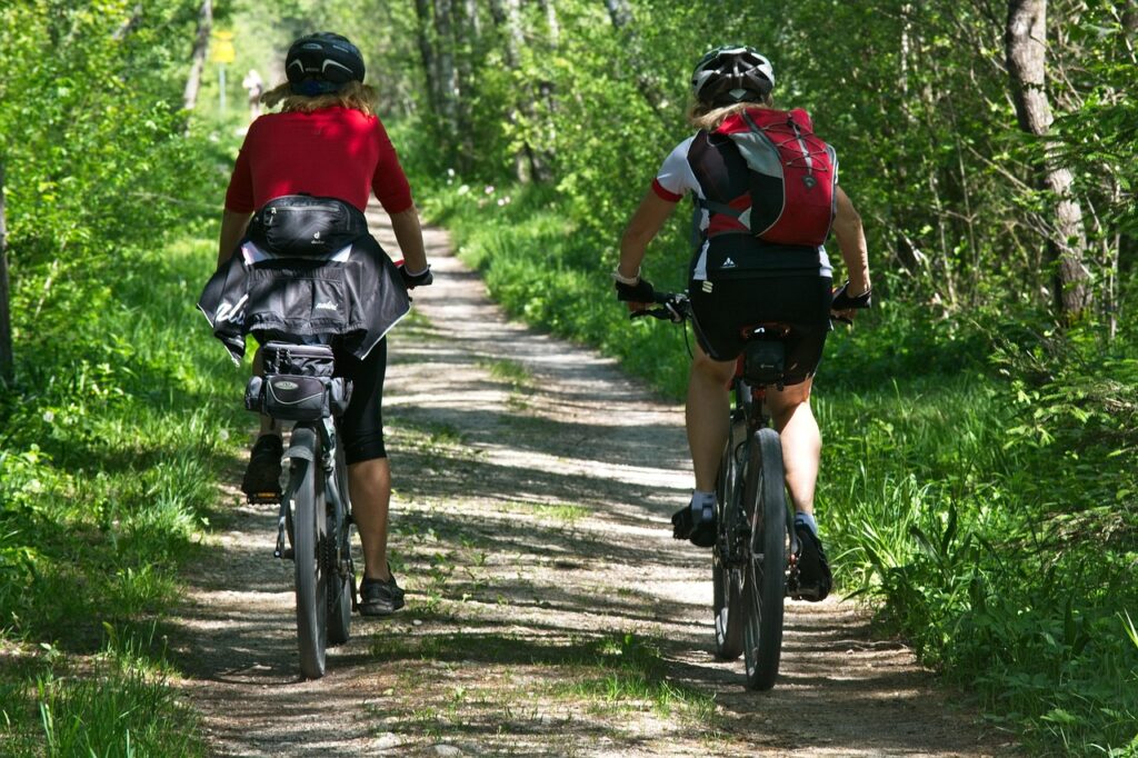 2 Fahrradfahrer:innen auf einem Waldweg